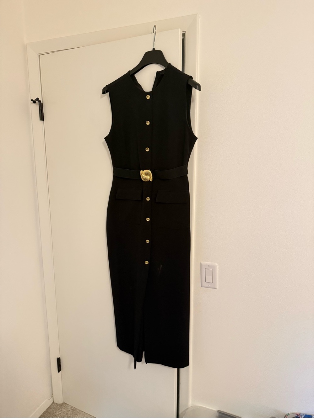 Zara Black Sleeveless Midi Dress with Gold Buttons and Belt